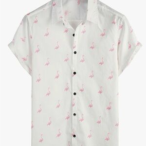 Casual White Flamingo Print Shirt for Men